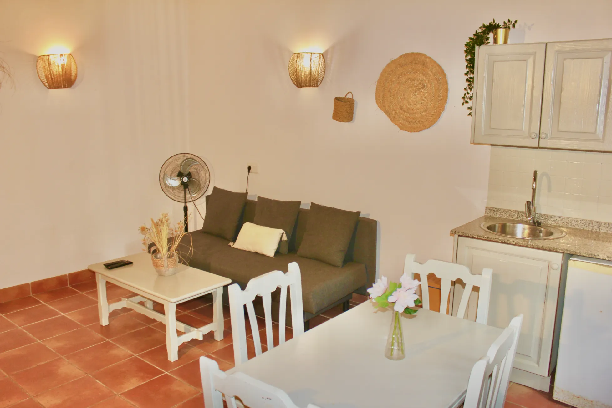 Salón y cocina integrada equipada en mini-apartamento